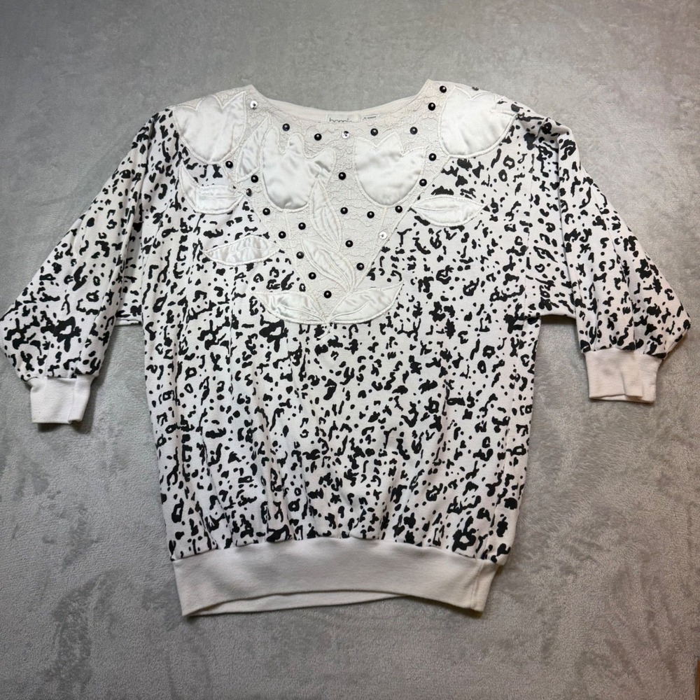 Vintage 80s Animal Print Embellished Sweatshirt Black White Beaded Lace Large